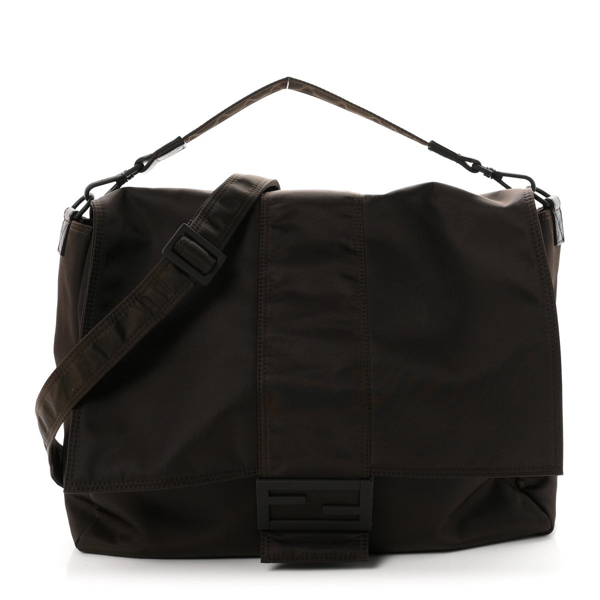 Econyl Nylon Cuoio Romano Monochrome Large Baguette Messenger Bag Ebano