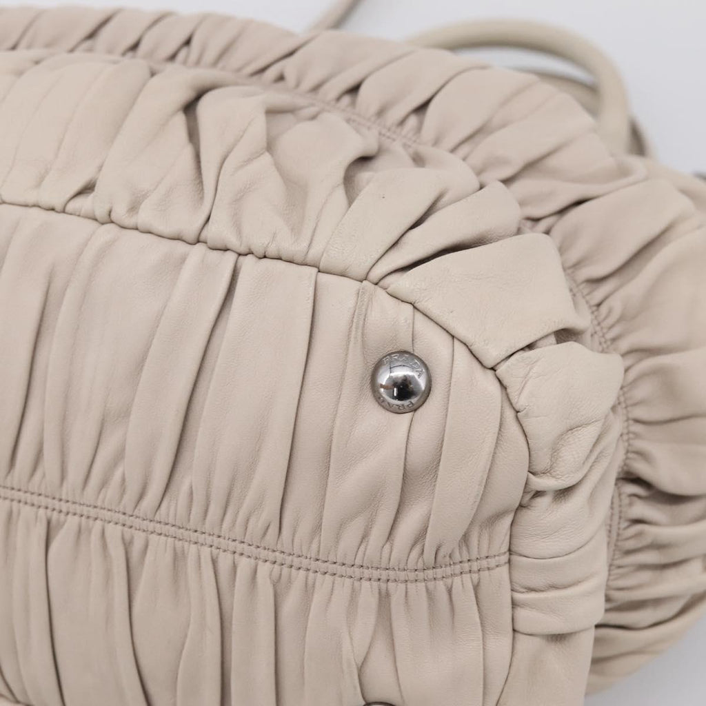 PRADA Gathered Hand Bag Leather 2way Beige Silver Auth 201361V