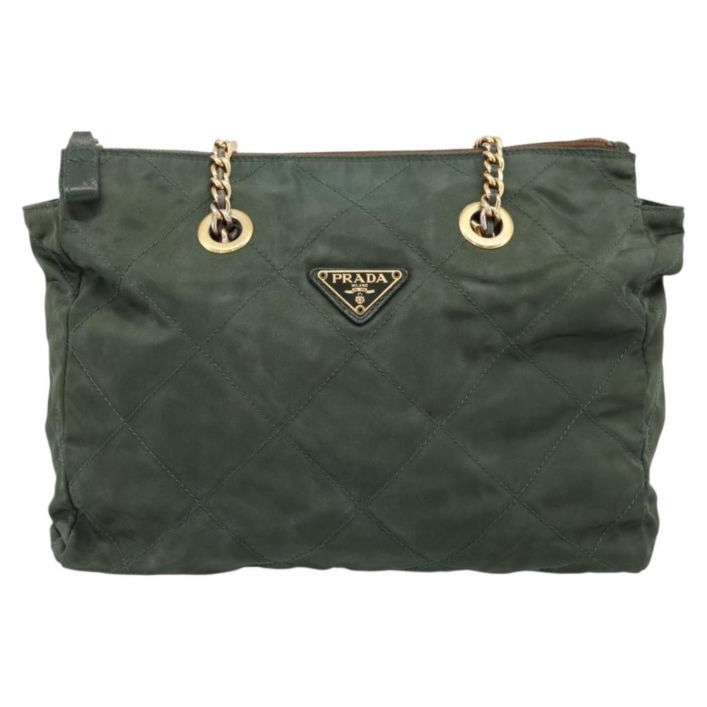 PRADA Chain Shoulder Bag Nylon Khaki Gold Auth 203875