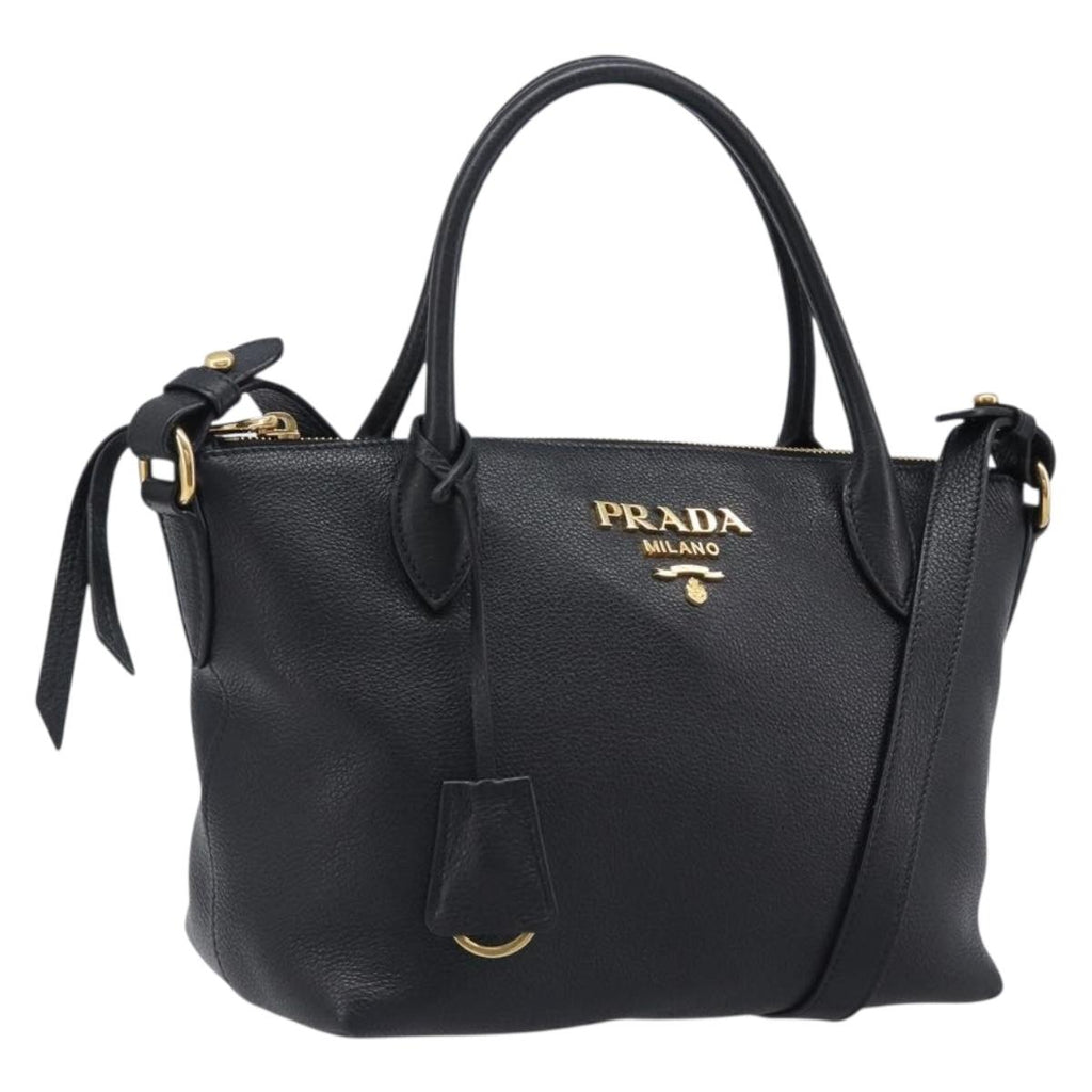 PRADA Hand Bag Leather 2way Black Gold Tone Auth 204580M