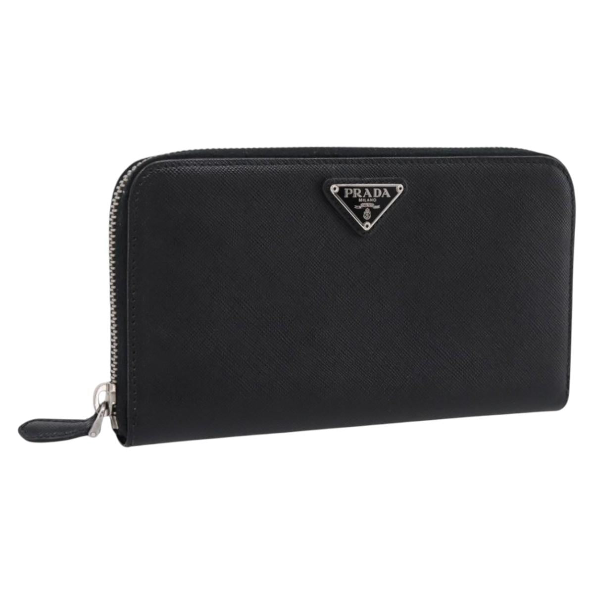 PRADA Long Wallet Saffiano leather Black Silver Auth 205215V