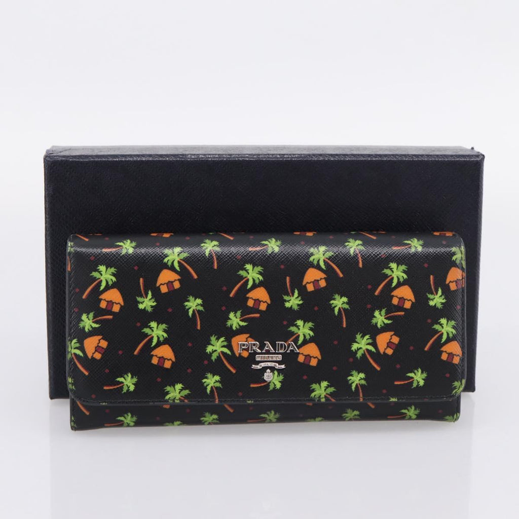 PRADA Long Wallet Safiano Leather Black Silver Auth 206067V