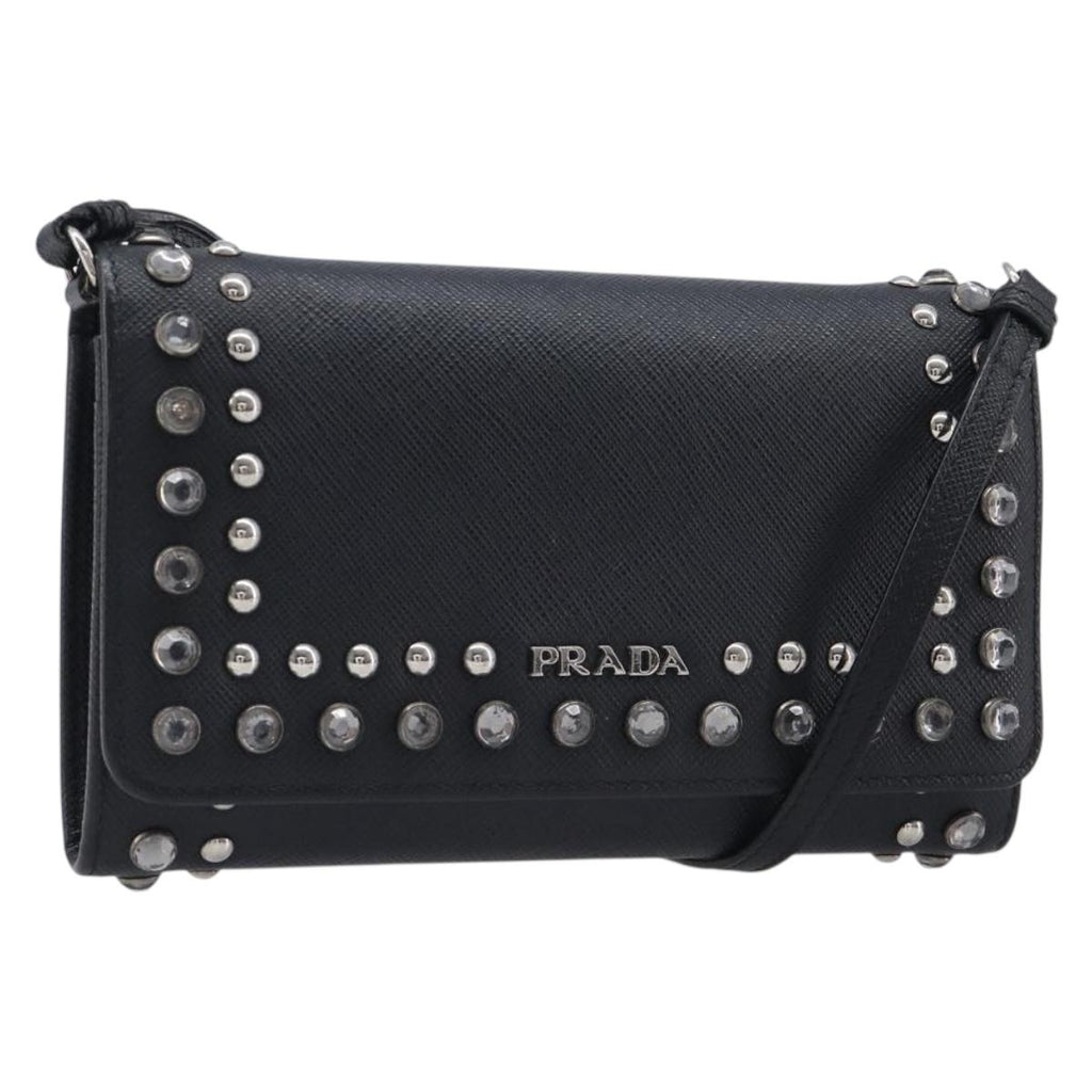 PRADA Shoulder Wallet Safiano leather Black Silver Auth 206147V