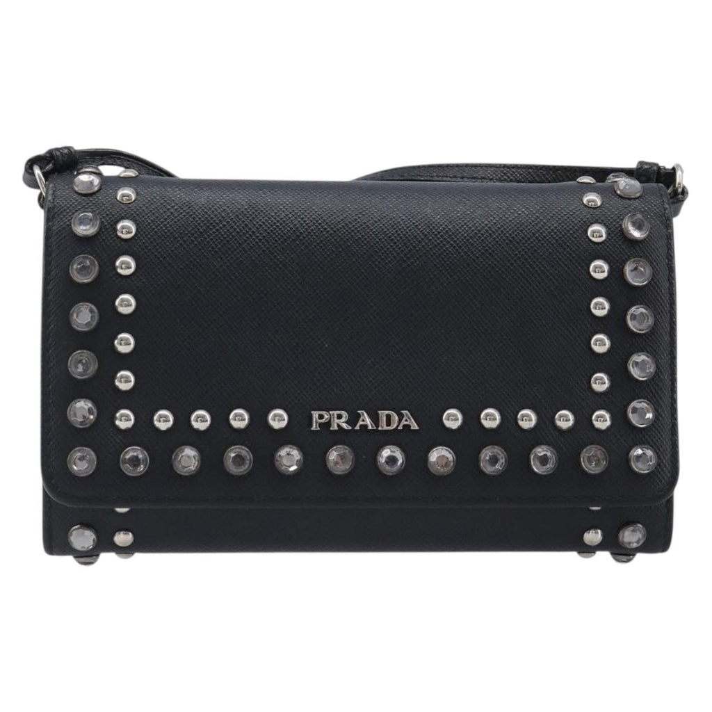 PRADA Shoulder Wallet Safiano leather Black Silver Auth 206147V