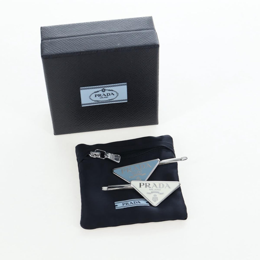 PRADA Hairpins 2 Sets Hair Clip Metal Silver Blue Auth 206677M