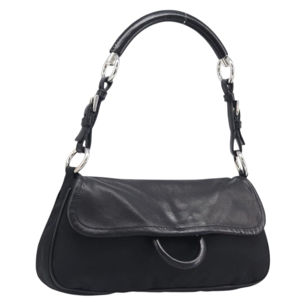 PRADA Shoulder Bag Leather Nylon Black Silver Auth 206861V