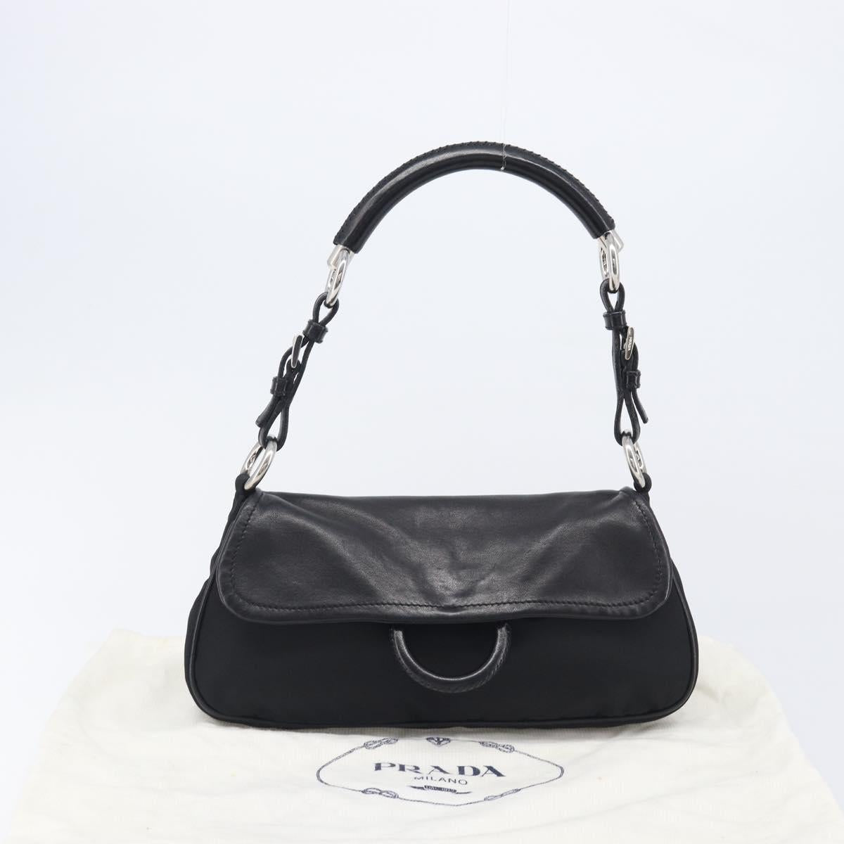 PRADA Shoulder Bag Leather Nylon Black Silver Auth 206861V