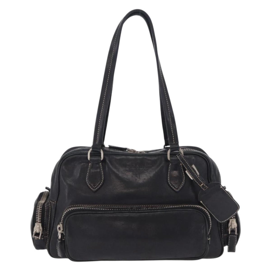 PRADA Hand Bag Leather Black Silver Auth 207680