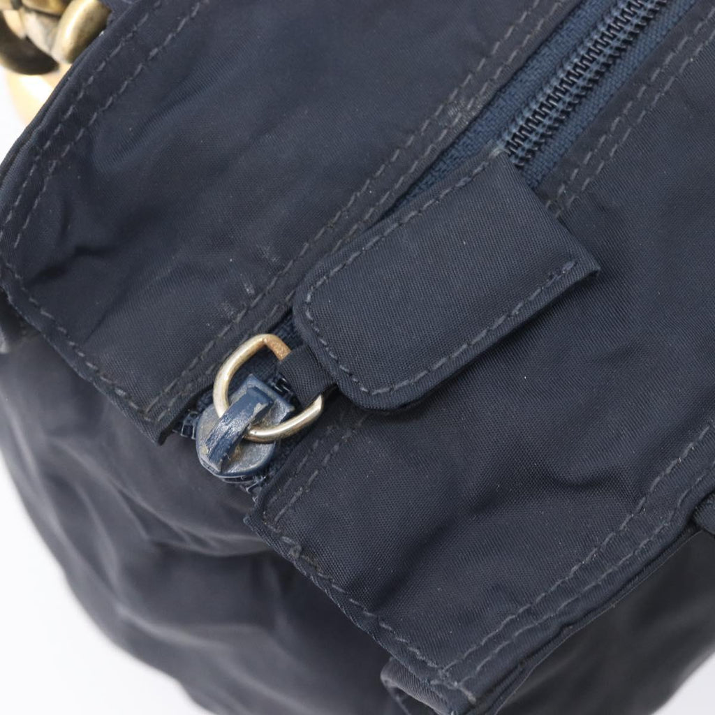 PRADA Metal Handle Hand Bag Nylon Navy Gold Auth 207805A