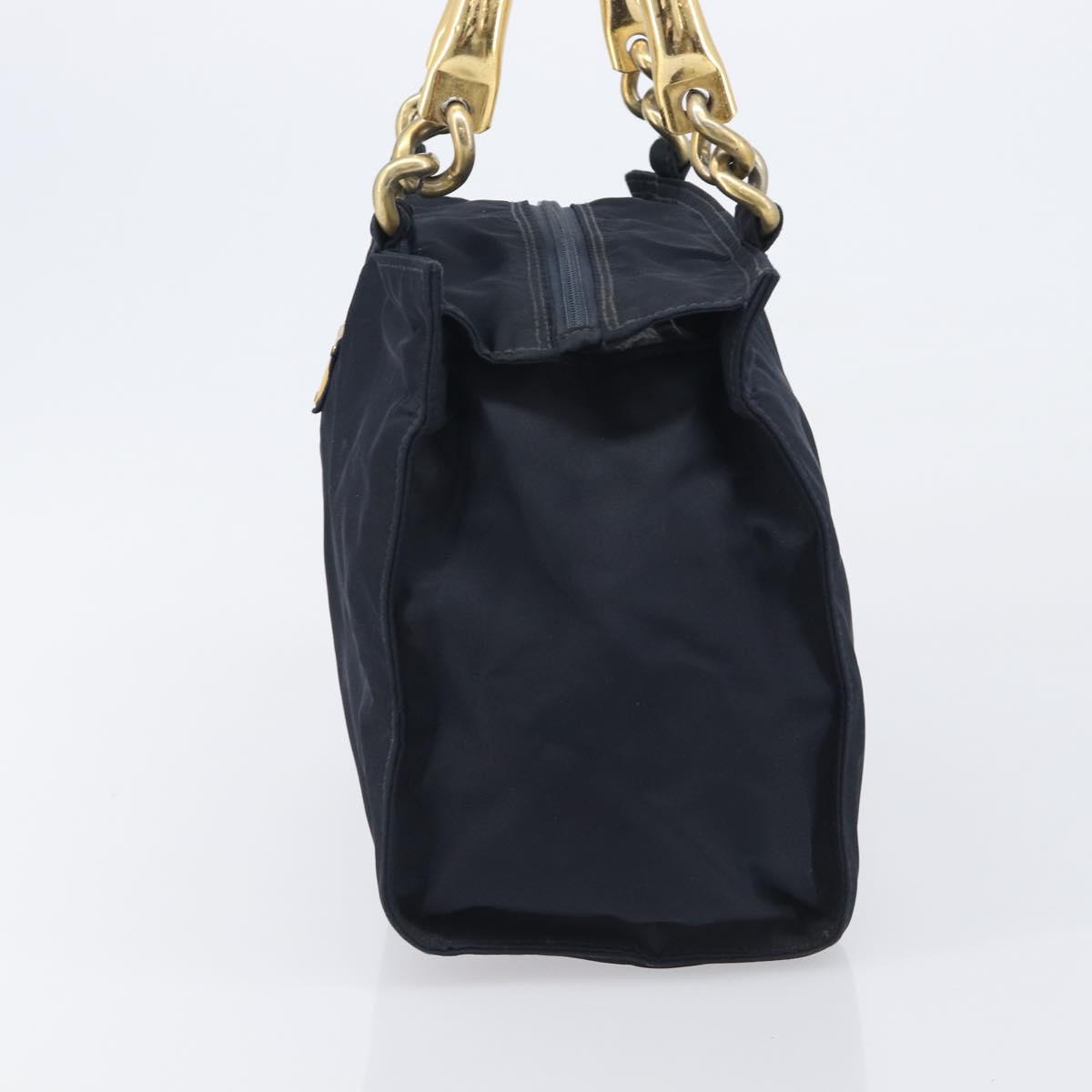 PRADA Metal Handle Hand Bag Nylon Navy Gold Auth 207805A