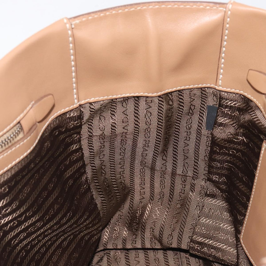 PRADA Tote Bag Leather Beige Silver Auth 208753V