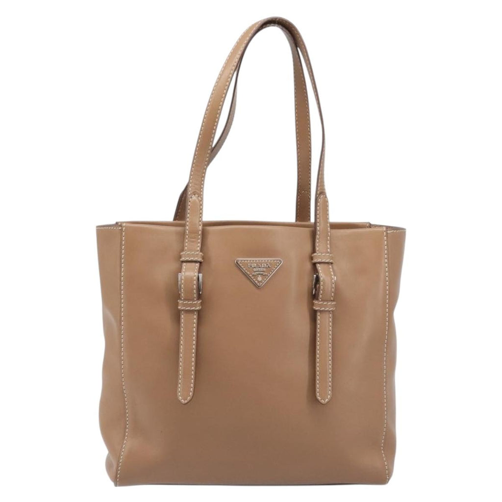 PRADA Tote Bag Leather Beige Silver Auth 208753V