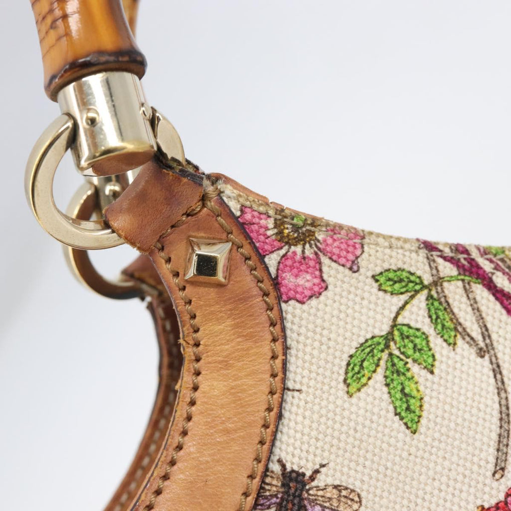 GUCCI Bamboo Flora Hand Bag Canvas Beige Gold Tone 137394 Auth 209161