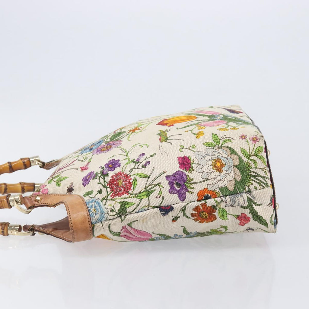 GUCCI Bamboo Flora Hand Bag Canvas Beige Gold Tone 137394 Auth 209161