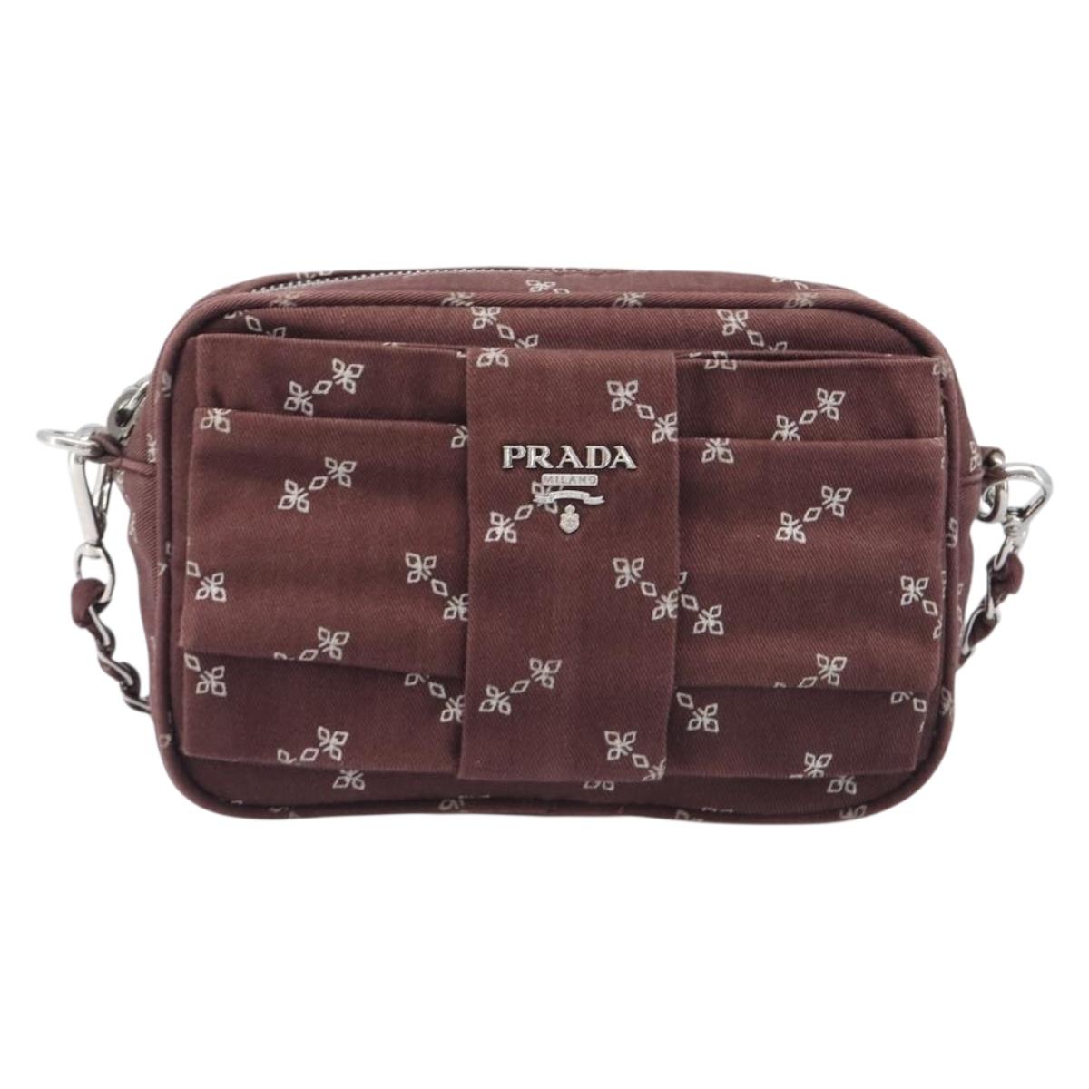 PRADA Chain Shoulder Bag Canvas Brown Silver Auth 209497A