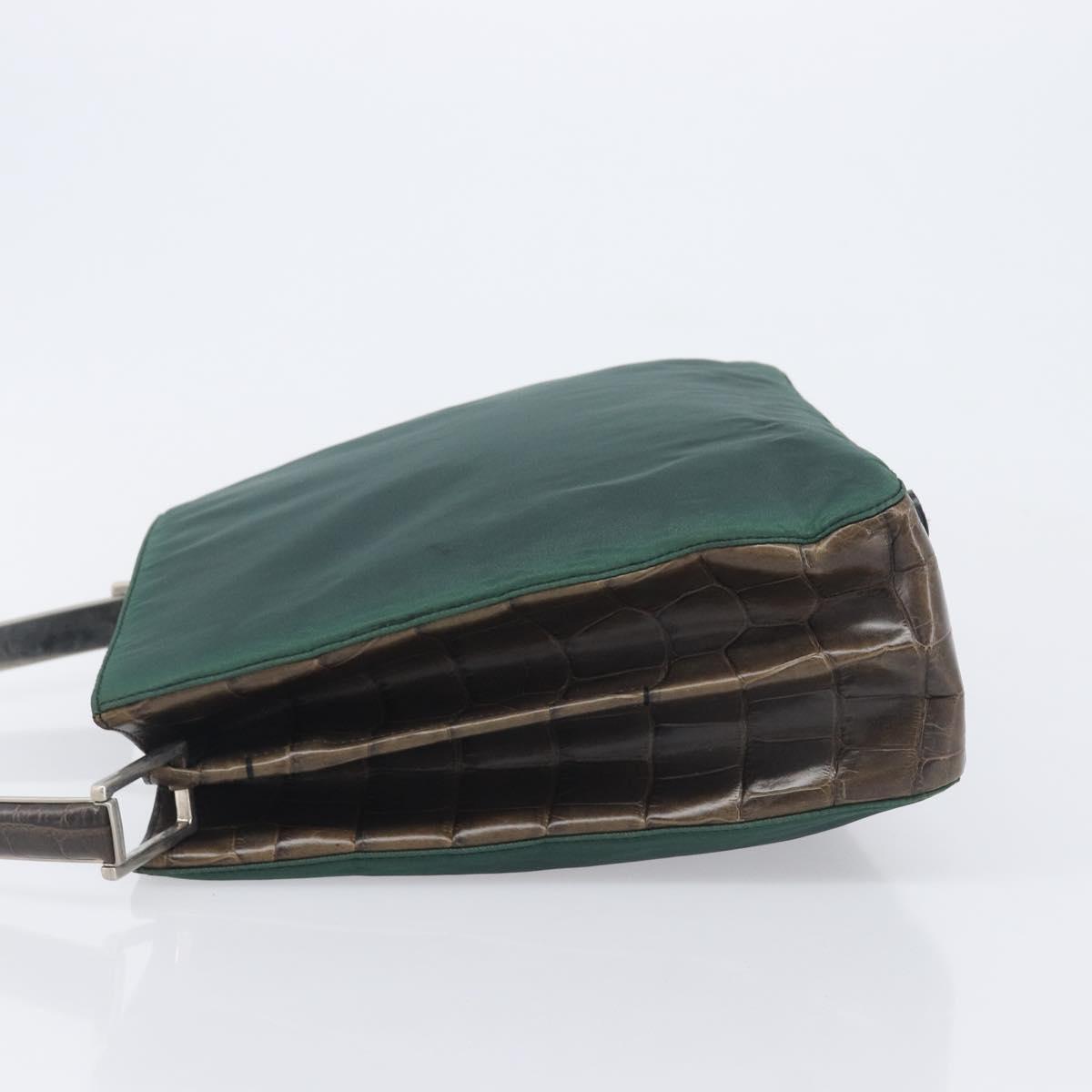 PRADA Metal Handle Shoulder Bag Nylon Green Silver Auth 209835A