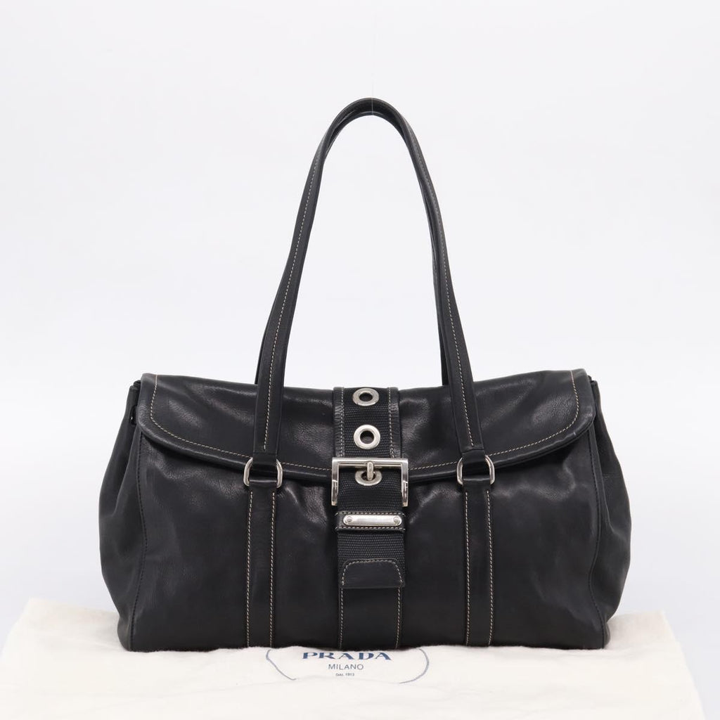 PRADA Shoulder Bag Leather Black Silver Auth 209900V