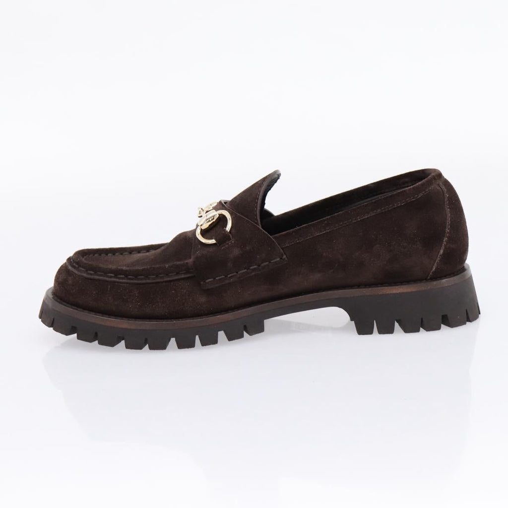 GUCCI Horsebit Loafers Suede 23.5 cm Brown Gold Auth 209950V