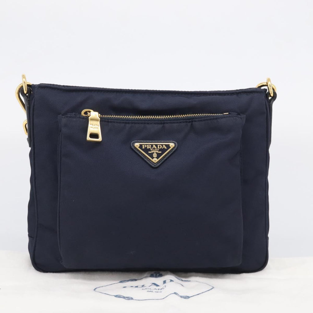 PRADA Shoulder Bag Nylon Navy Gold Auth 213147A