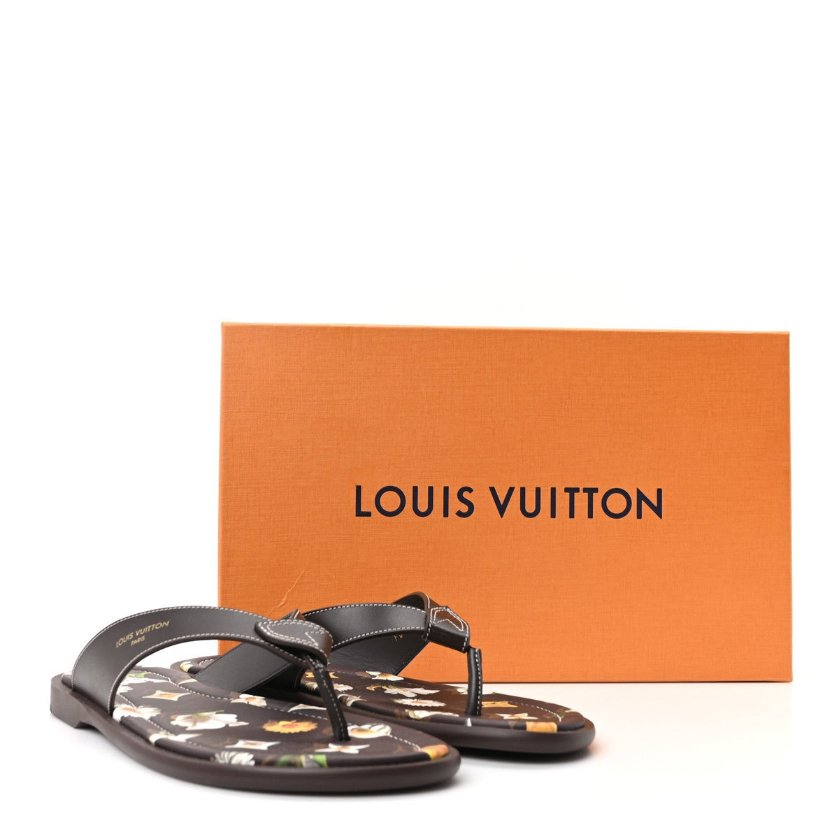 Supple Calfskin Blooming Monogram Mens LV Sunset Thong Sandals 8 Marron