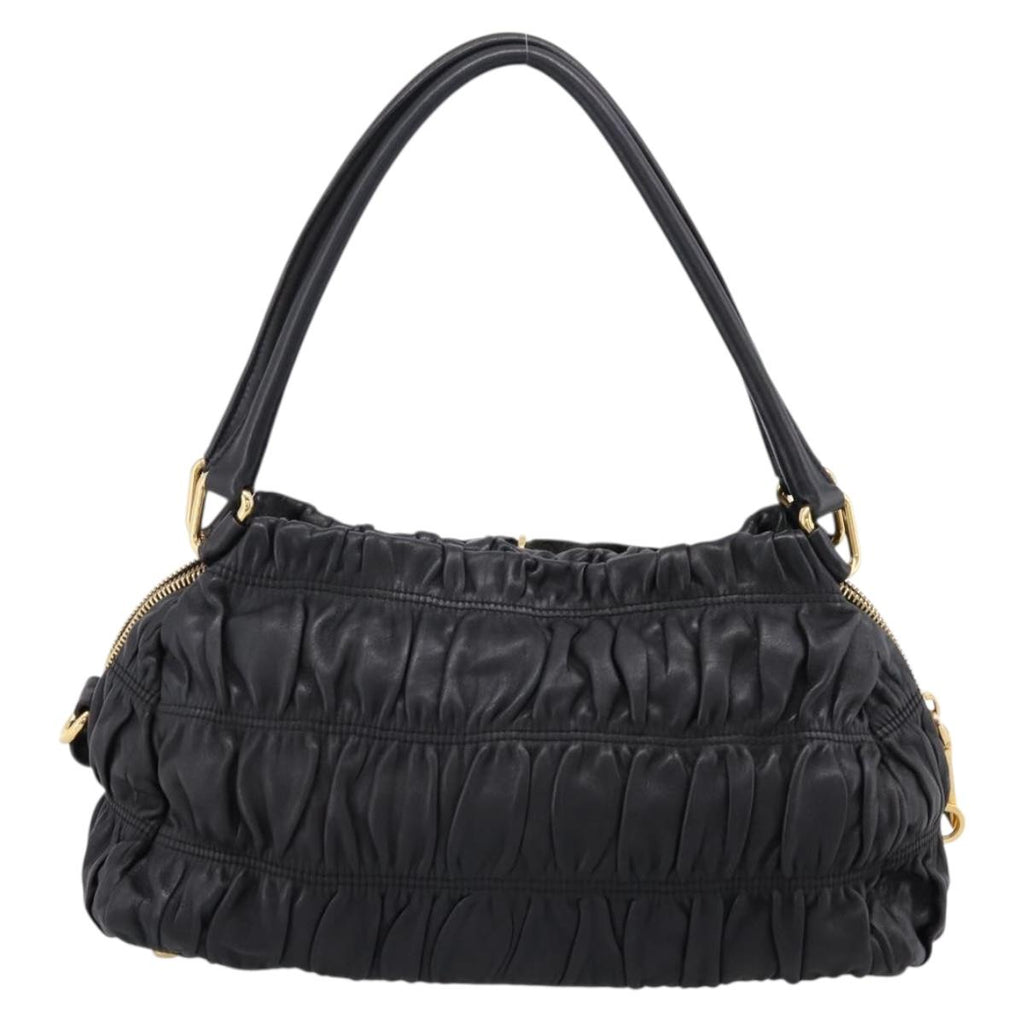 PRADA Hand Bag Leather Black Gold Auth am12603SAM