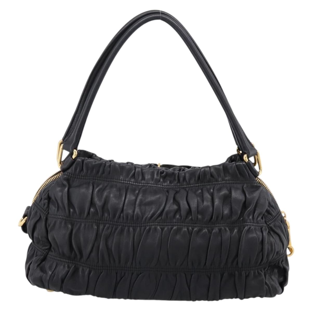 PRADA Hand Bag Leather Black Gold Auth am12603SAM