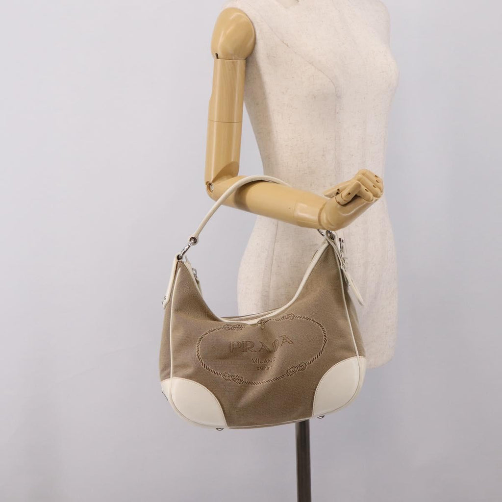 PRADA Jacquard Hand Bag Canvas Beige Silver BR3423 Auth am12817V