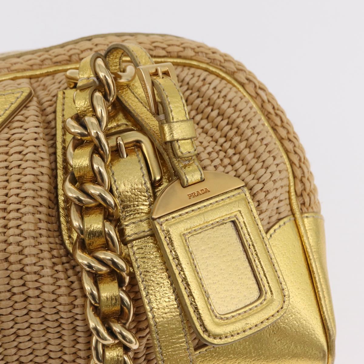 PRADA Chain Hand Bag Raffia Beige Gold Tone BL0352 Auth am12833M