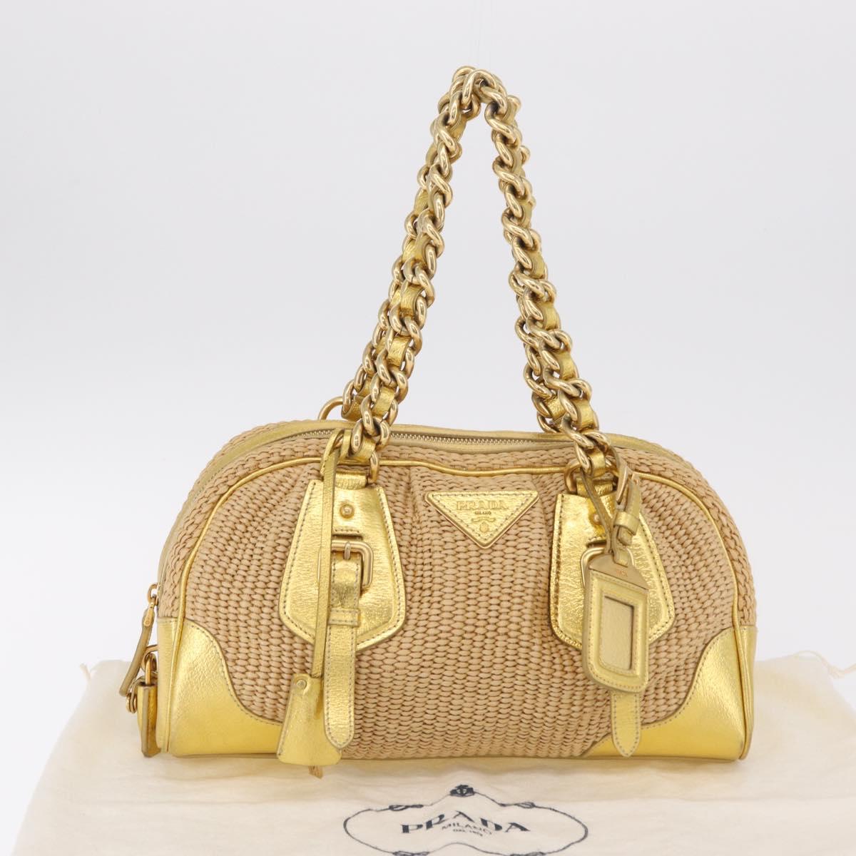 PRADA Chain Hand Bag Raffia Beige Gold Tone BL0352 Auth am12833M