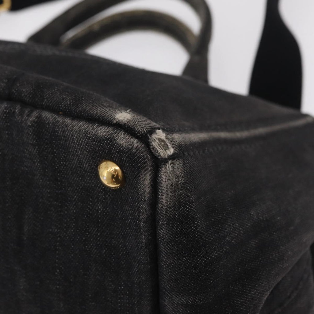 PRADA Canapa MM Hand Bag Canvas 2way Black Gold Auth ep16090