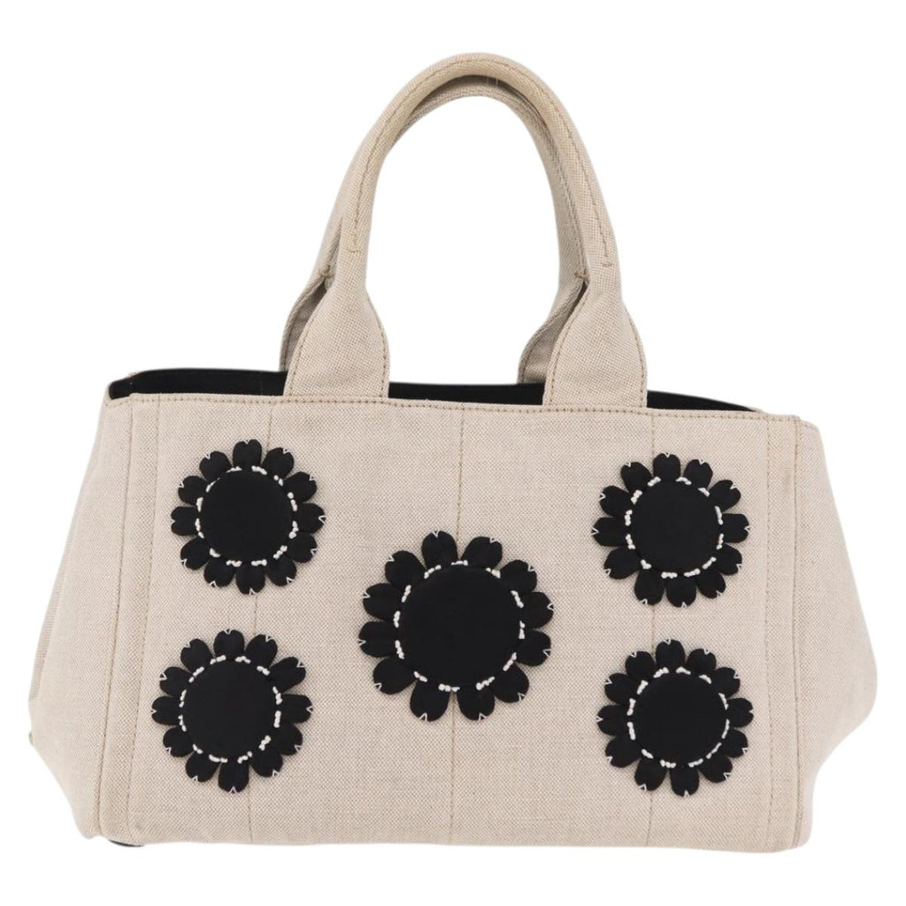 PRADA Canapa MM Hand Bag Canvas Beige Silver Auth ka6542