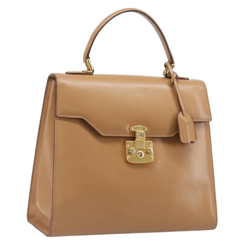 GUCCI Hand Bag Leather Beige Gold Tone 000 256 0192 Auth LN050