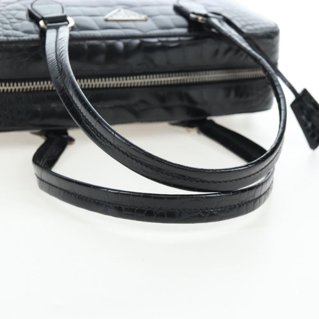 PRADA Hand Bag Embossed Leather Black Silver Auth yk20763SAM